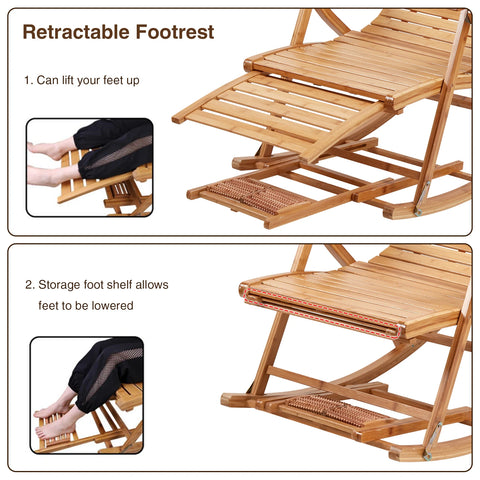 Schommelstoel - Rocking chair voor Volwassenen - Vouwbare - Indoor & Outdoor Bamboo Rocking Chair- Met Armleuningen -  Voetmassager- Voetsteun– Draagbare Deck Lounger - 96x40cm - Houten Kleur