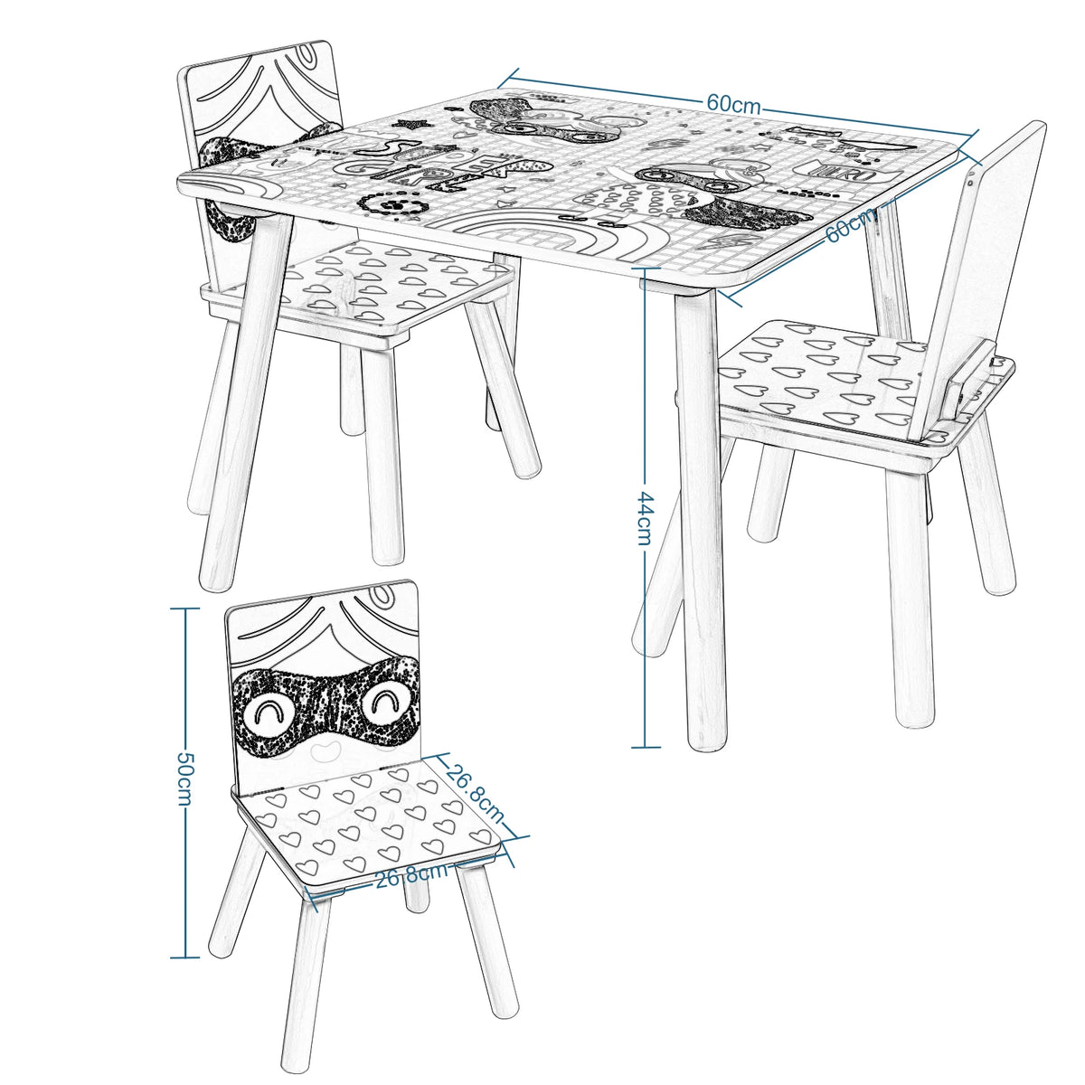 Kindertafel - Kindermeubilair - Kindertafel en Stoelen Set – Houten Speeltafel met 2 Stoelen - Sterk en Duurzaam - Perfect voor Tekenen - Spelen - Eten – Kindermeubilair - voor Slaapkamer - Speelkamer - 60x60x44 cm - Roze - QUORE