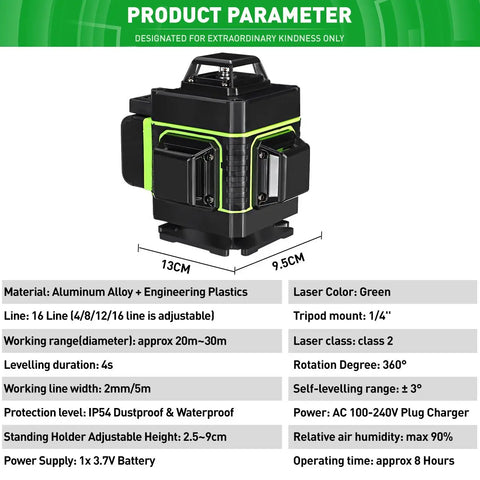 4D 16-lijn Kruislijnlaser + Statief 1,2m - Zelfnivellerende 360° Graden Groene laser - Incl. 2x accu & handige draagtas - Lijnlaser - Bouwlaser - Laserwaterpas - QUORE