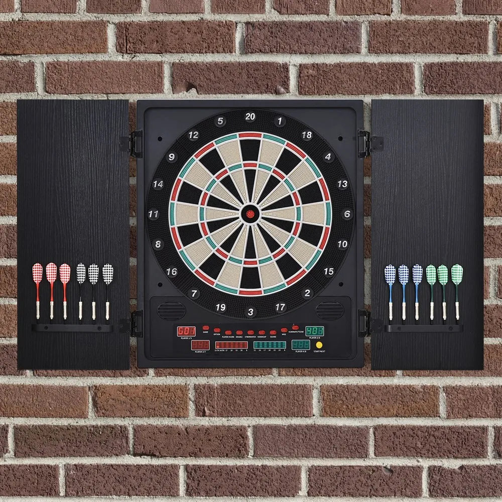 Elektronisch Dartbord – Digitale Darts – Elektronisch Dartspel – Dartsbord Voor 8 Spelers – Met LED-Scorebord – Inclusief 12 Darts en 30 Reservepunten – Compact 51x6,5x57 cm – Houten Beschermkap - QUORE
