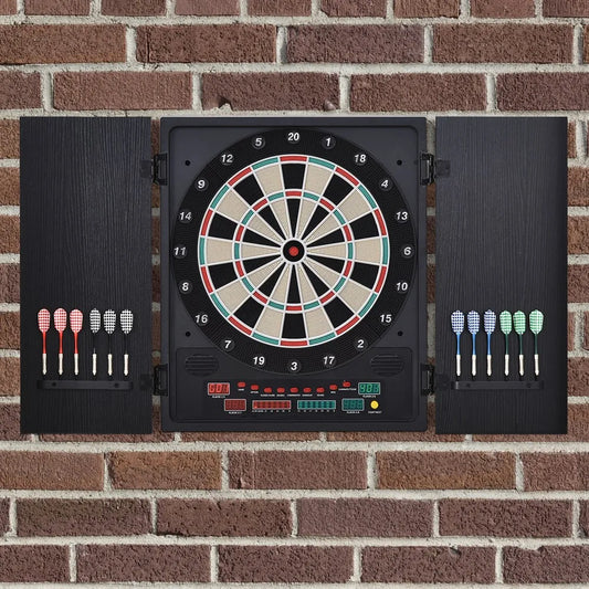Elektronisch Dartbord – Digitale Darts – Elektronisch Dartspel – Dartsbord Voor 8 Spelers – Met LED-Scorebord – Inclusief 12 Darts en 30 Reservepunten – Compact 51x6,5x57 cm – Houten Beschermkap - QUORE