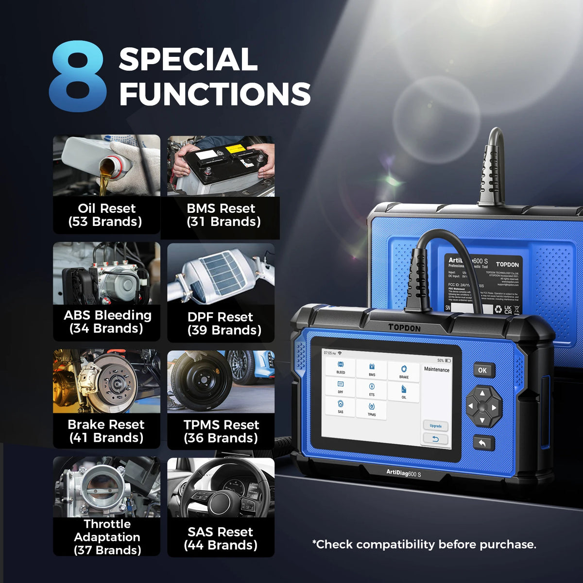 Topdon - OBD2 Scanner - Diagnose Computer - Smart Diagnostic Tool - Fout Verwijderen - Professionele Auto Diagnose Tool - ABS Airbag Olie EPB DPF TPMS BMS Reset - Zwart