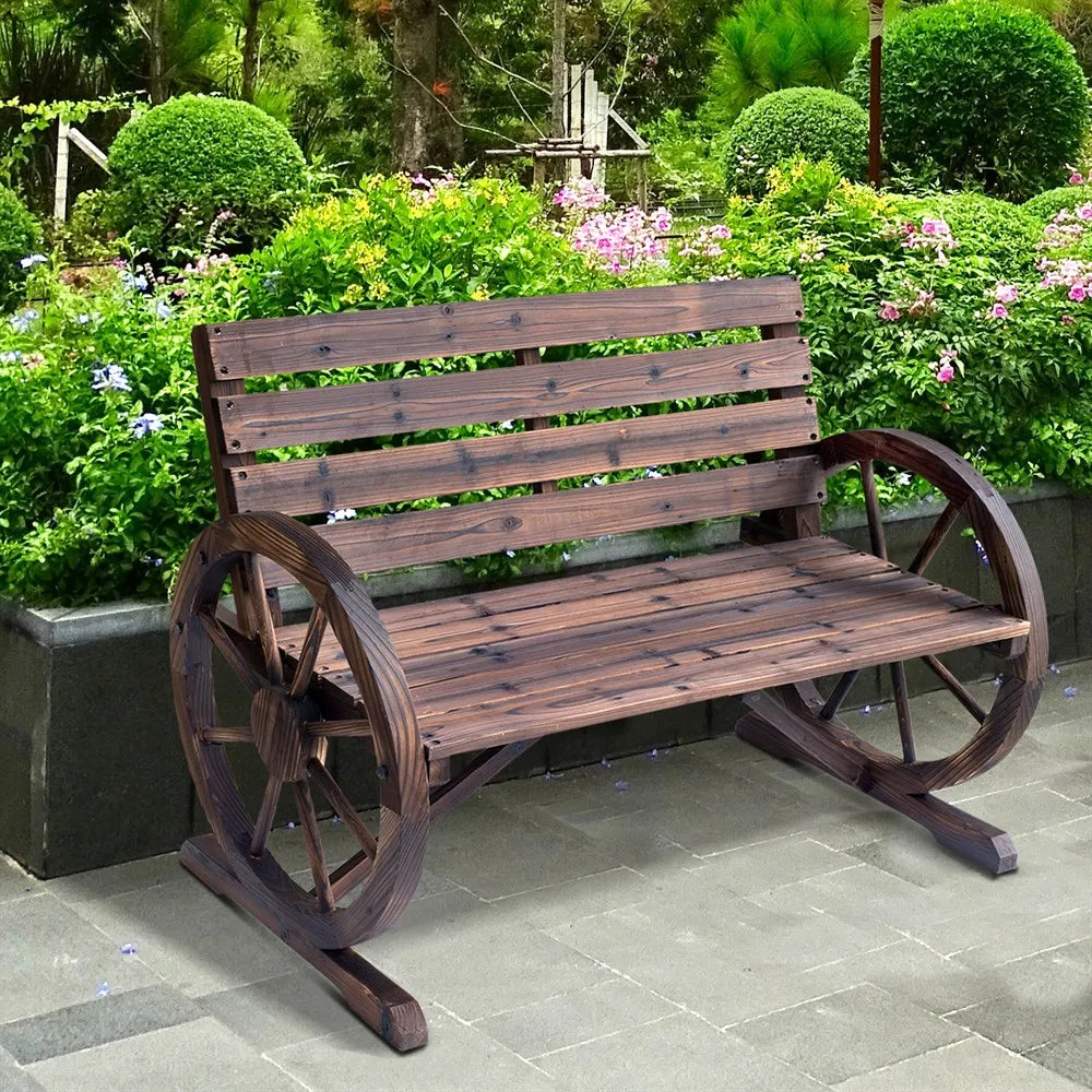 Tuin Bank - Tuinbank Hout - Tuinbanken - Garden Furniture - Rustieke Houten Tuinbank met Wagenwiel-Armleuningen - 2-Zits Bank van Vurenhout - QUORE