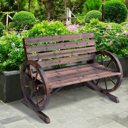 Tuin Bank - Tuinbank Hout - Tuinbanken - Garden Furniture - Rustieke Houten Tuinbank met Wagenwiel-Armleuningen - 2-Zits Bank van Vurenhout - QUORE