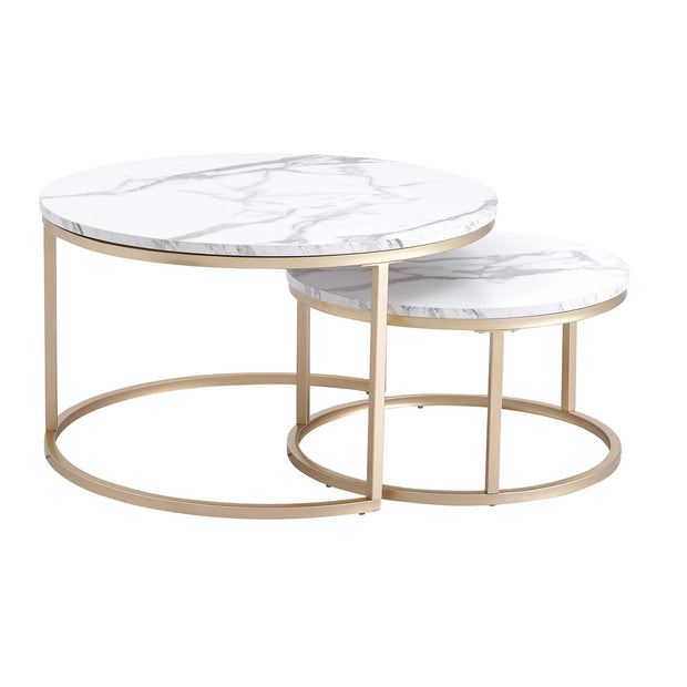 Table - Coffee Table - 2pcs - Marble Texture Round Coffee Table - Modern Minimalist - Solid Wood Lid - Gold Steel Frame - 80 x 80 x 45cm (Large) - 60 x 60 x 35cm (Small) - White