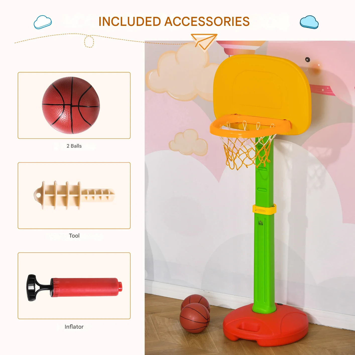 Basketbal - Basketbalstandaard - Basketbalmand - met 2 Ballen - voor 3-5 jaar - Opblaasbaar - Hoogteverstelbaar - HDPE - Polypropyleen - PVC - 52,5 x 44 x 120-160 cm - Veelkleurig - QUORE