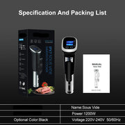 Sous Vide Stick - IPX7 - Built-in Timer - Precision Cooker - 1200W - 220V - Digital Timer Control - Vacuum Sous Vide Cooker - With LED Digital Display - Black