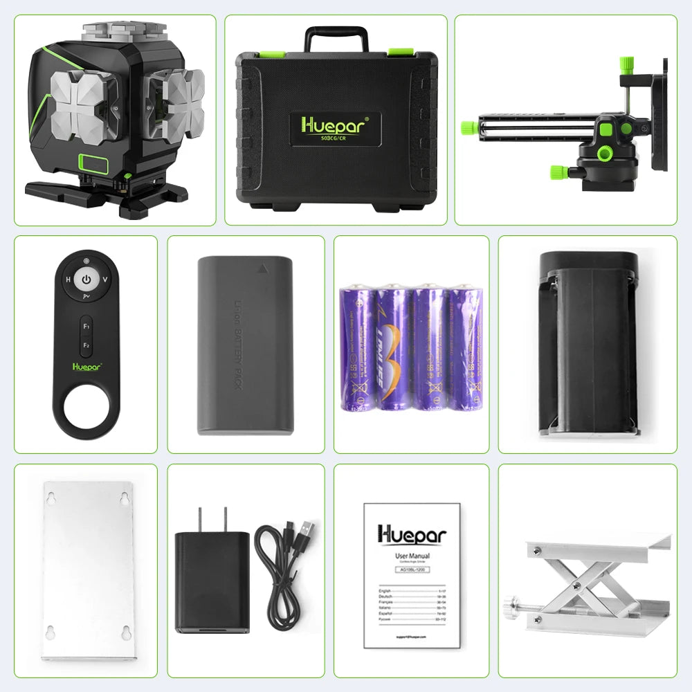 Huepar S03DG 12 Lines Green Laser Level 3D Self-leveling Horizontal & Vertical LCD Display/Bluetooth/ Remote Control Hard Case