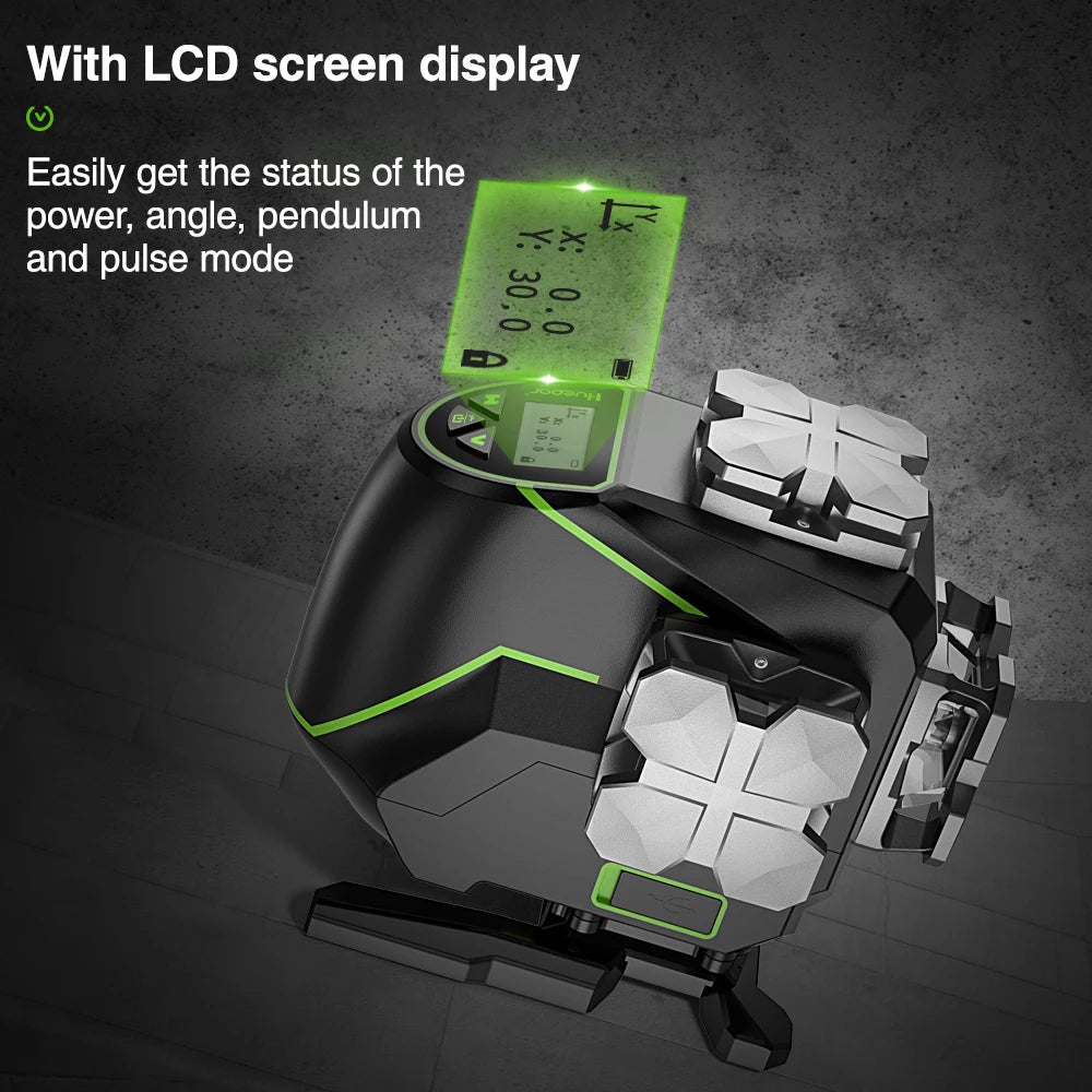 Huepar S03DG 12 Lines Green Laser Level 3D Self-leveling Horizontal & Vertical LCD Display/Bluetooth/ Remote Control Hard Case