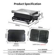 Wafelijzer - Wafelmaker - Waffle iron - Waffle Machine - Regelbare Thermostaat - 2000W Digitale Contactgrill & Panini Pers - 180° Openklapbaar - Zilver
