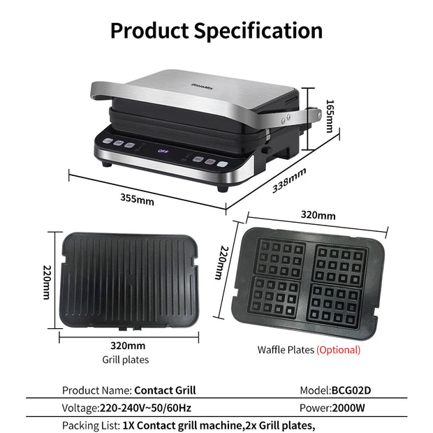 Wafelijzer - Wafelmaker - Waffle iron - Waffle Machine - Regelbare Thermostaat - 2000W Digitale Contactgrill & Panini Pers - 180° Openklapbaar - Zilver