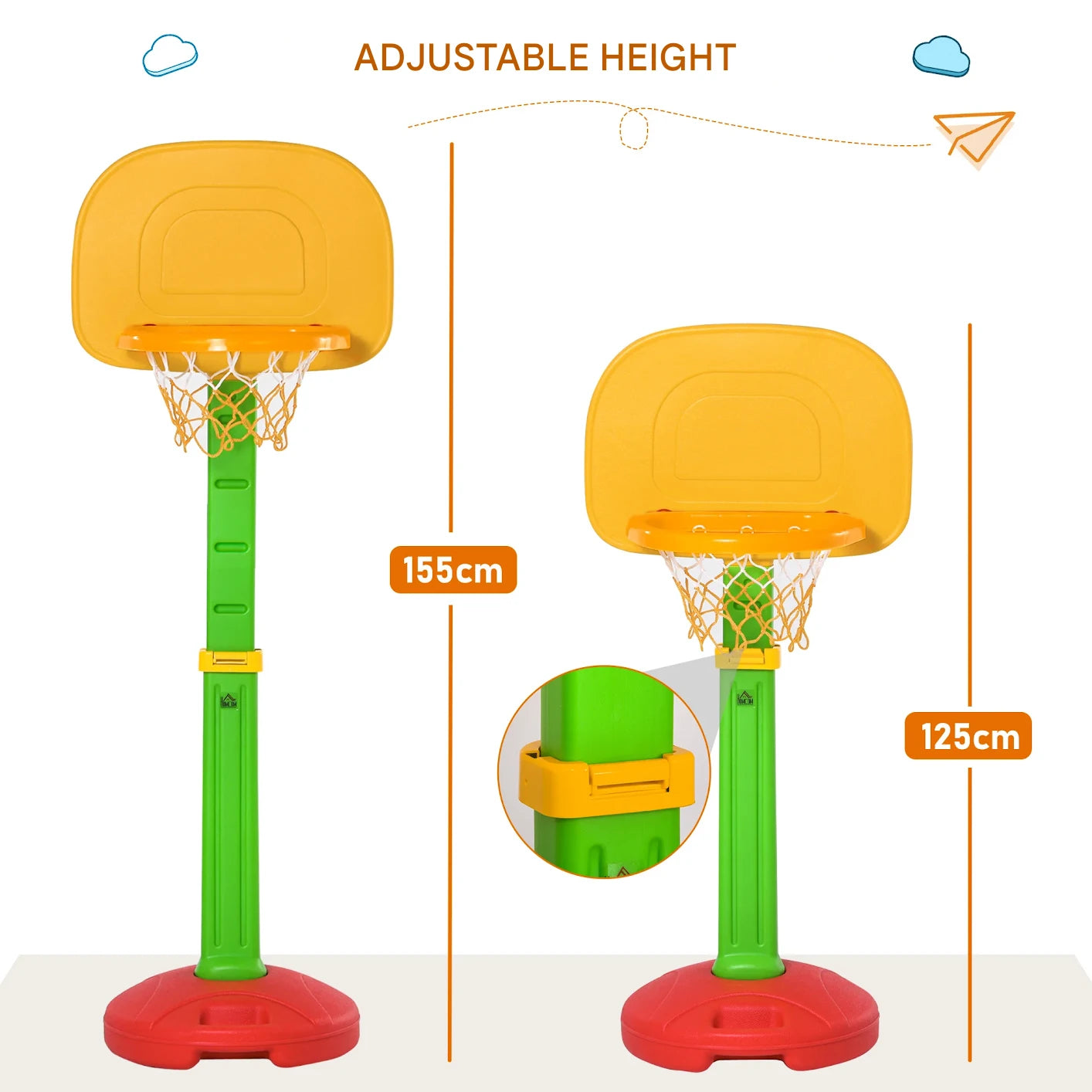 Basketbal - Basketbalstandaard - Basketbalmand - met 2 Ballen - voor 3-5 jaar - Opblaasbaar - Hoogteverstelbaar - HDPE - Polypropyleen - PVC - 52,5 x 44 x 120-160 cm - Veelkleurig - QUORE