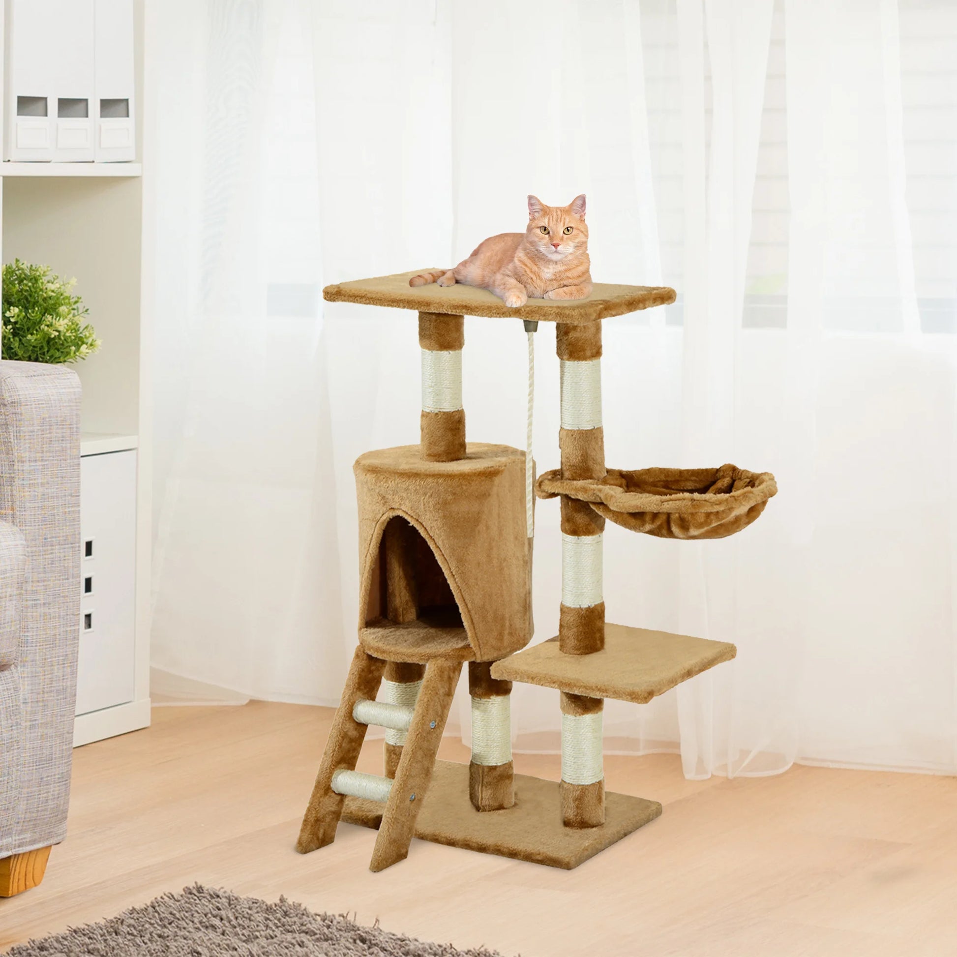 Kattenboom - Krabpaal - met Nest Platform - Kennelladder - Perfect voor  Een Dutje Doen - Sporten - Spelen - Spaanplaat - Zacht pluche - Sisaltouw - 55 x 30 x 95 cm - Bruin - QUORE