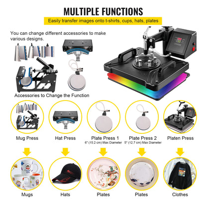 8-in-1 Hittepers – Heat Press Machine – Textielpers – Transferpers – Sublimatiepers – 12 x 15 Inch – Digitale Bediening – 360° Draaibare Swing-Arm