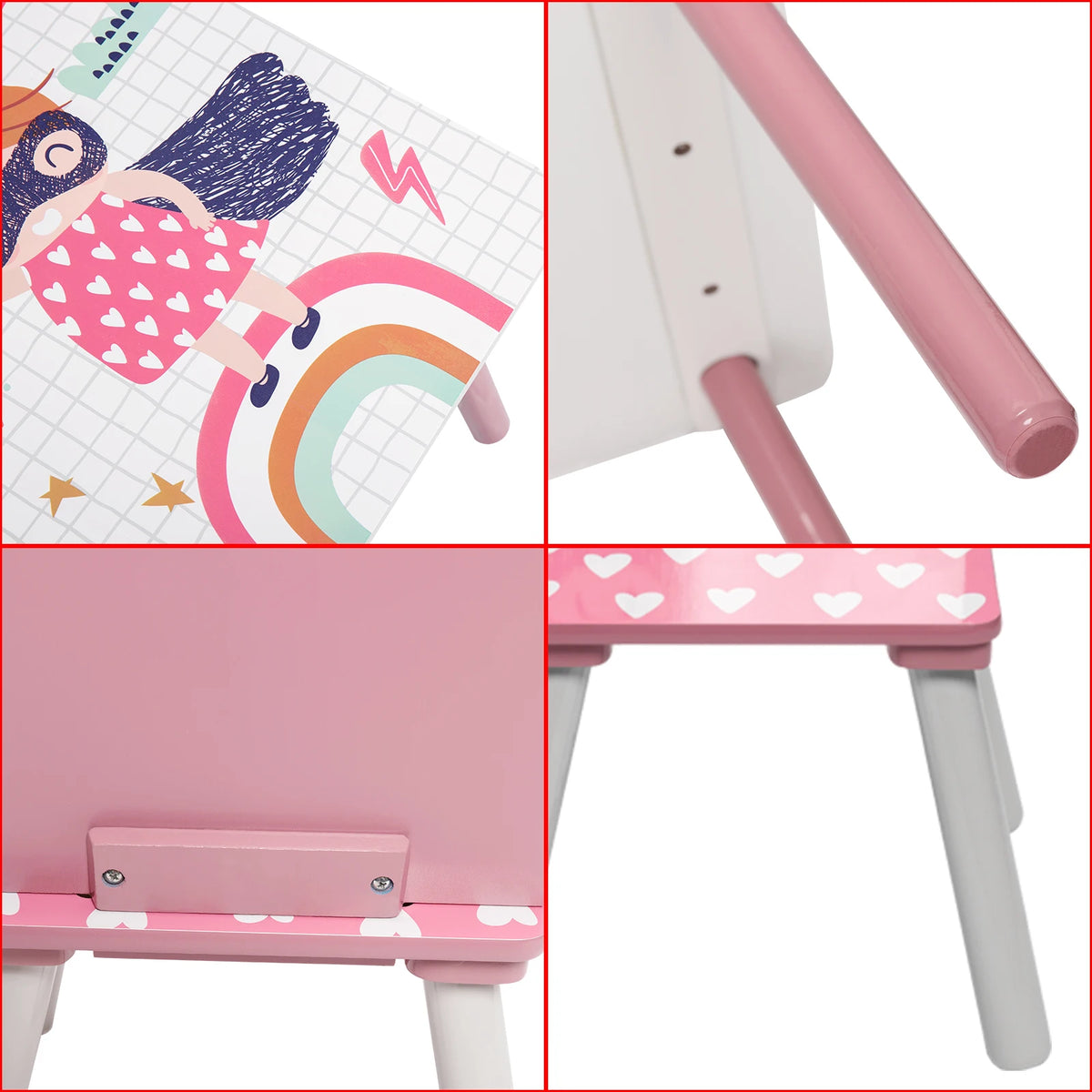 Kindertafel - Kindermeubilair - Kindertafel en Stoelen Set – Houten Speeltafel met 2 Stoelen - Sterk en Duurzaam - Perfect voor Tekenen - Spelen - Eten – Kindermeubilair - voor Slaapkamer - Speelkamer - 60x60x44 cm - Roze - QUORE