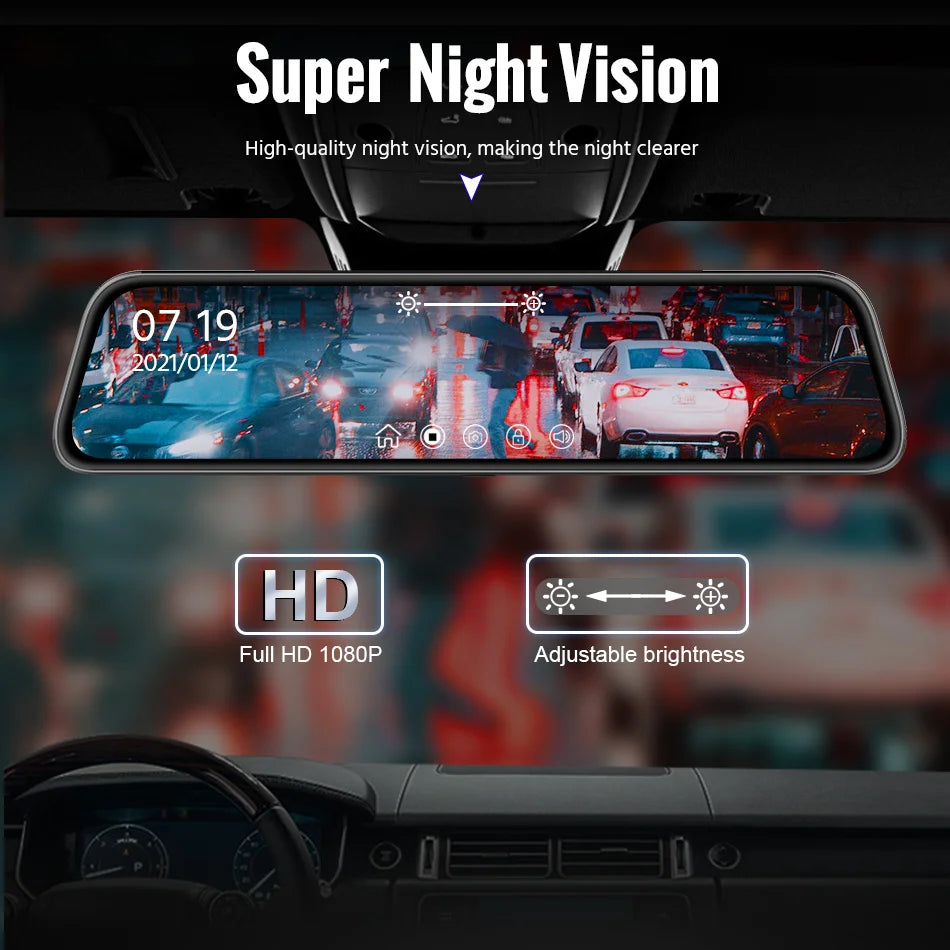 Dashcam voor Auto - 10 Inch Touchscreen Spiegelcamera - 1080P AHD Dashcam met Nachtzicht - G-Sensor - Parkeermodus - Groothoek 170° - Zwart
