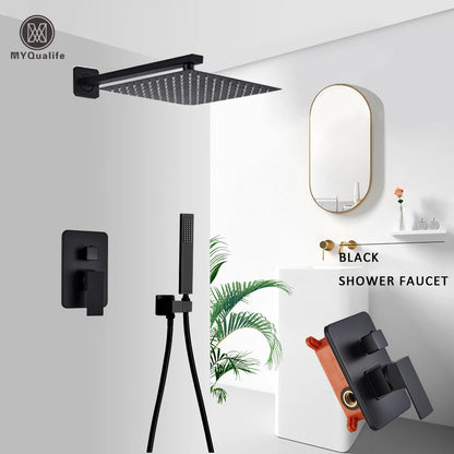 Douche - Regendouche - Douchewand - Douchekolom - Douchepanelen - Mat Wandgemonteerde Regendouche – Ingebouwde Mengkraan & Handdouche - 10in - Zwart