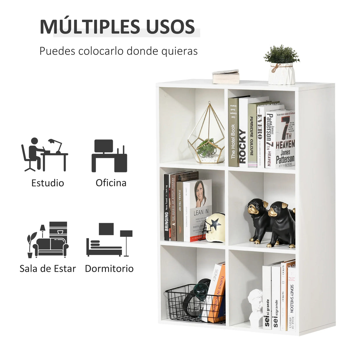 Boekenkasten - Boekenplank - Wandplank - Boekenplank - Opbergrek Organizer - 65,5x30x97,5 cm - 3-niveau - 6 Opbergvakken - voor slaapkamer kantoor - Wit - QUORE