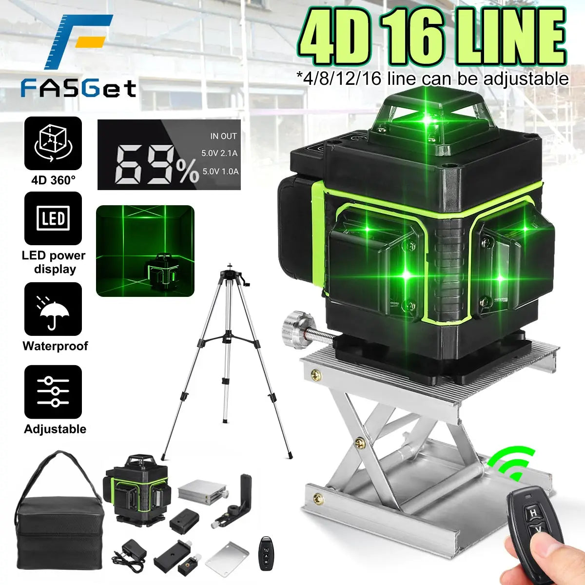 4D 16-lijn Kruislijnlaser + Statief 1,2m - Zelfnivellerende 360° Graden Groene laser - Incl. 2x accu & handige draagtas - Lijnlaser - Bouwlaser - Laserwaterpas - QUORE
