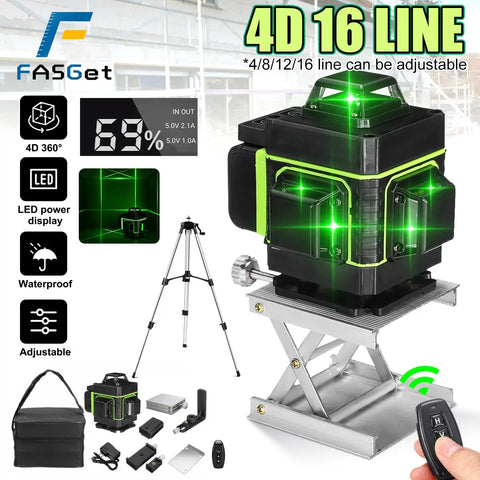 4D 16-lijn Kruislijnlaser + Statief 1,2m - Zelfnivellerende 360° Graden Groene laser - Incl. 2x accu & handige draagtas - Lijnlaser - Bouwlaser - Laserwaterpas - QUORE