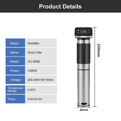 Sous Vide - Sous-vide Kokers - Sous Vide Stick - 5e Generatie RVS - Precisie Koker - IPX7 Waterdicht - Smart App Bediening - 1300W - Digitale Timer - Temperatuurregeling - 9008 N - QUORE