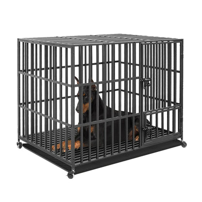 Hondenbench - Hondenkooi - Hondenkrat - Kennelbox - met Wielen - Afneembare Lade - Zwaare - Stevig - 3 Deuren Sloten - Gewichtscapaciteit 100 kg - Metaal - L - 95 x 57 x 81 cm - Zwart - QUORE