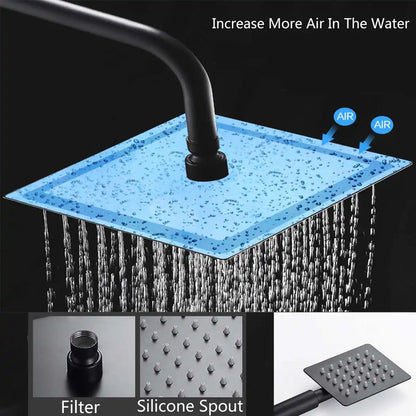 Douche - Regendouche - Douchewand - Douchekolom - Douchepanelen - Mat Regendouche Set – 3-Weg Wandmontage met Mengkraan & Opbergrek - Zwart