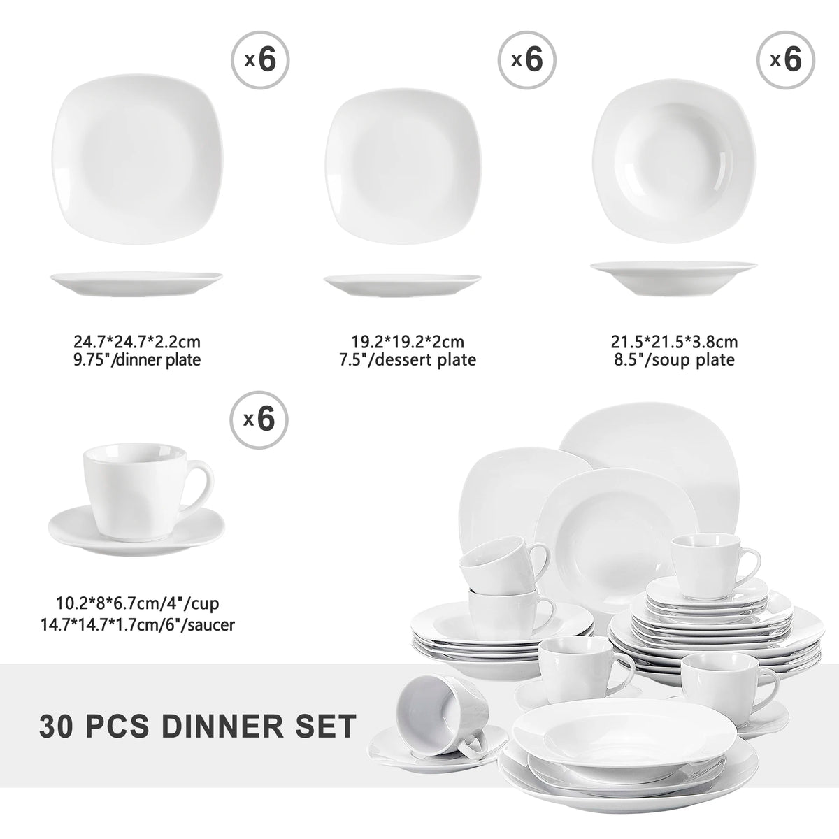 Servies - Servies set - 30-Delig - Porselein Serviesset – Luxe Keramiek Diner Set – Servies voor 6 Personen – Vaatwasser & Magnetronbestendig - Wit - QUORE