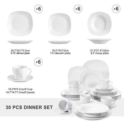 Servies - Servies set - 30-Delig - Porselein Serviesset – Luxe Keramiek Diner Set – Servies voor 6 Personen – Vaatwasser & Magnetronbestendig - Wit - QUORE