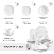 Servies - Servies set - 30-Delig - Porselein Serviesset – Luxe Keramiek Diner Set – Servies voor 6 Personen – Vaatwasser & Magnetronbestendig - Wit