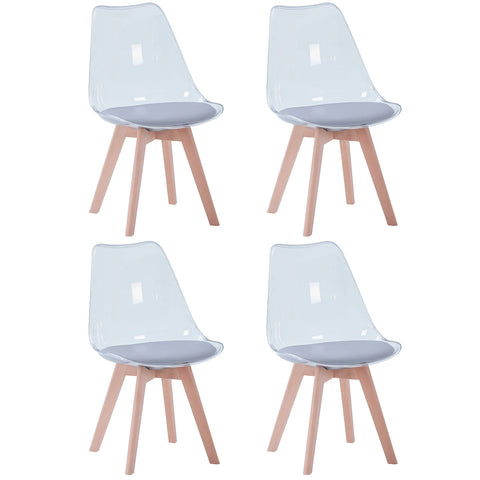 Transparante Eetkamerstoelen - Keukenstoelen - Set van 4 - Moderne - Houten Poten – Comfortabele PU Zitting - Ergonomisch design - Woonkamer - Duurzame materialen - Grijs