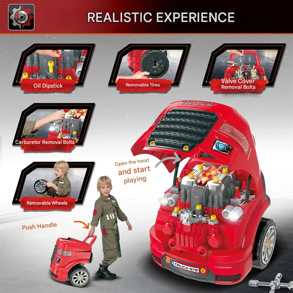 Autoschroeven - Speelgoedset - Educatief Speelgoed - 61 Stuks - voor Kinderen - met Boormachine - Grote Tractor om te Schroeven - Licht - Geluid - Motorblok Reparatiefuncties - Rood