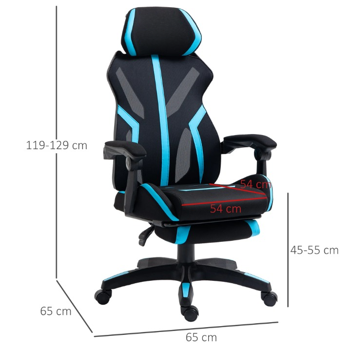 Ergonomische Bureaustoel – Bureaustoel – Kantoorstoel – Werkstoel – Gamingstoel – Verstelbare Rugleuning – Uittrekbare Voetensteun - 65 x 65x 119-129 cm - Zwart & Blauw