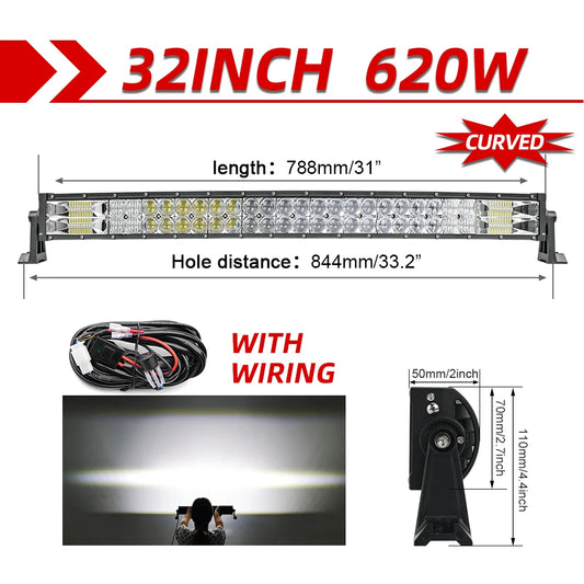 Lichtbalk voor Auto & Vrachtwagens - Krachtige LED Verlichting - Eenvoudige Installatie - 32 Gebogen met Draad - 70000LM/620W