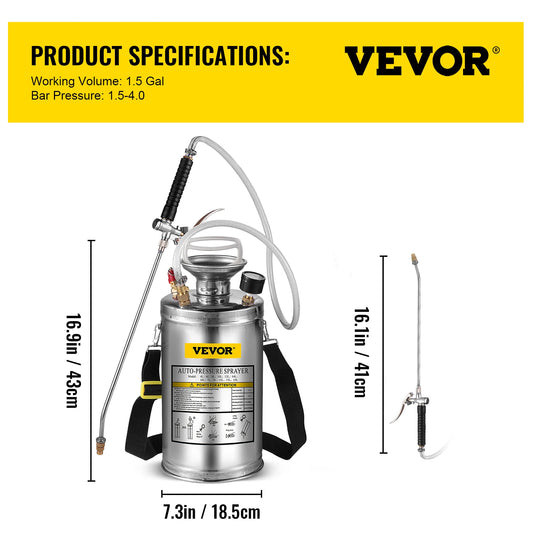 Vevor - Drukspuit - Handspuit - Drukspuiten - 6L/1.5Gal- voor Tuin en Huis - Roestvrij Staal - QUORE