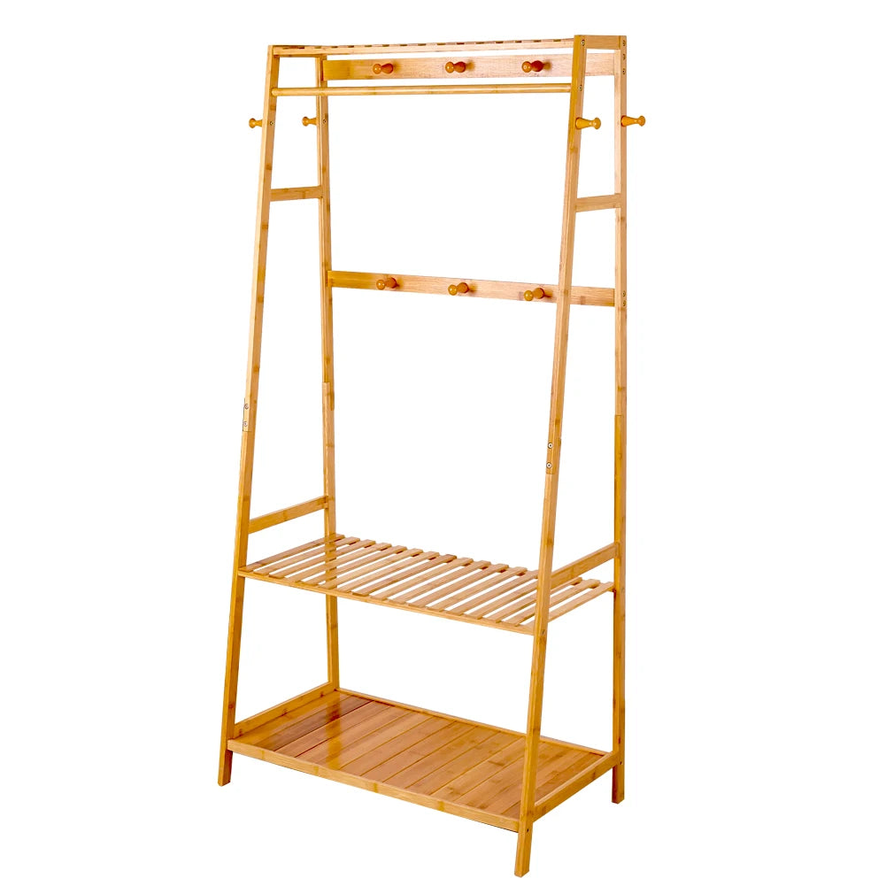 Kledingrek - Kledinghangers - Kledingrek Hout - 2-laags- Bamboe - Moderne Stijl - Opbergrek voor Schoenen & Kleding - Gewichtscapaciteit 100kg/ 220lbs - 80x43.5x165cm/ 31.5x17.1x65inch - Natuurlijke Houten Kleur - QUORE