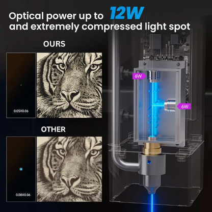 Lasergraveermachine - Graveermachine - Graveerder - Graveerapparaat - met Vaste Focus - 0.02mm Gravure Precisie - 600 mm/s Snelheid - 32-bit Moederbord - Cross Laser Positionering - APP- controle - Unibody Frame - 12W -  365 x 305 mm - Zwart