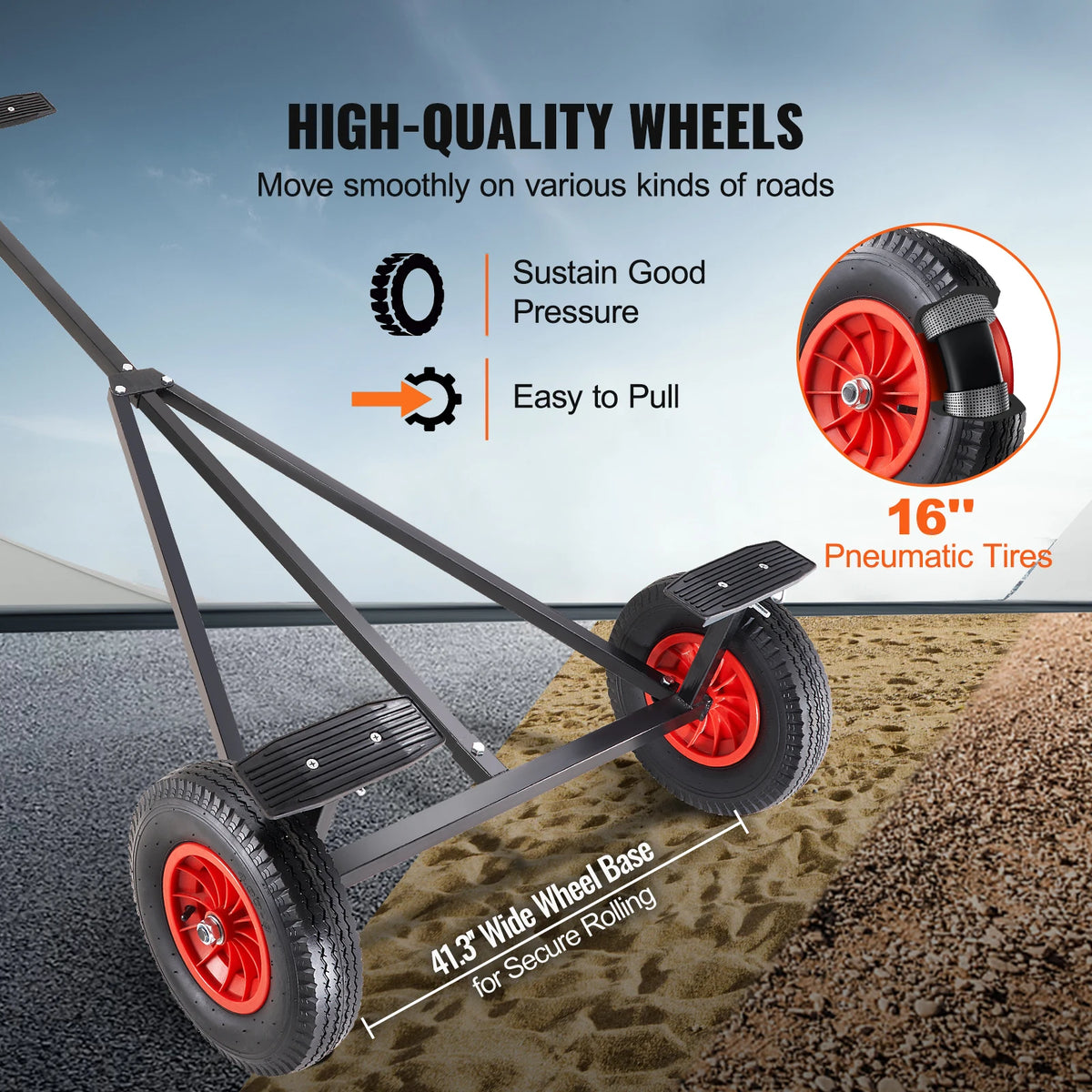 Vevor - Handtrailer Boat - Boottrailer Dolly - Dolly - Koolstofstaal - met 96''-116'' Verstelbare Lengte - 16'' Luchtbanden & Antislip Ondersteuningsbeugel - QUORE