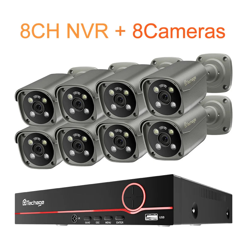 4K Beveiligingssysteem – CCTV Camerasysteem – IP Camera Set – Surveillance Kit – Bewakingscamera – 8-Kanaals PoE NVR – 8MP Ultra HD – AI Mensdetectie & Rood-Blauw Alarmlicht