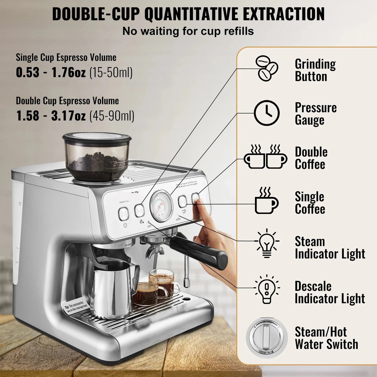 Espressomachine - Koffiemachine - Compact Koffiezetapparaat - 15 Bar - Halfautomatisch - met Stoompijpje - PID Temperatuurcontrole - 2,8L Waterreservoir - Voor Latte & Cappuccino