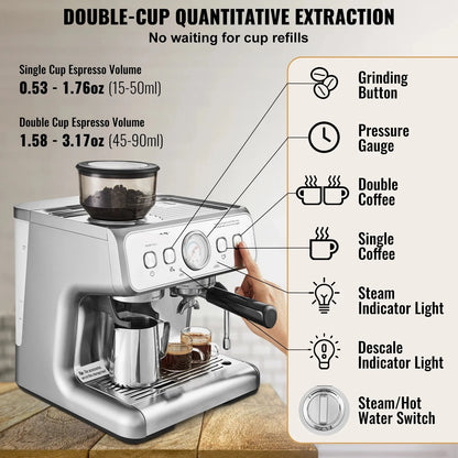 Espressomachine - Koffiemachine - Compact Koffiezetapparaat - 15 Bar - Halfautomatisch - met Stoompijpje - PID Temperatuurcontrole - 2,8L Waterreservoir - Voor Latte & Cappuccino