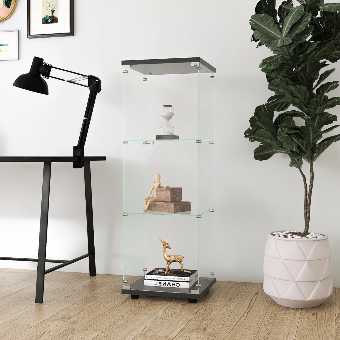 Comanlai 3 Layers Glass Display Cabinet, Modern Display Case with Door for Collectibles Books,Cabinet Standing for Living Room