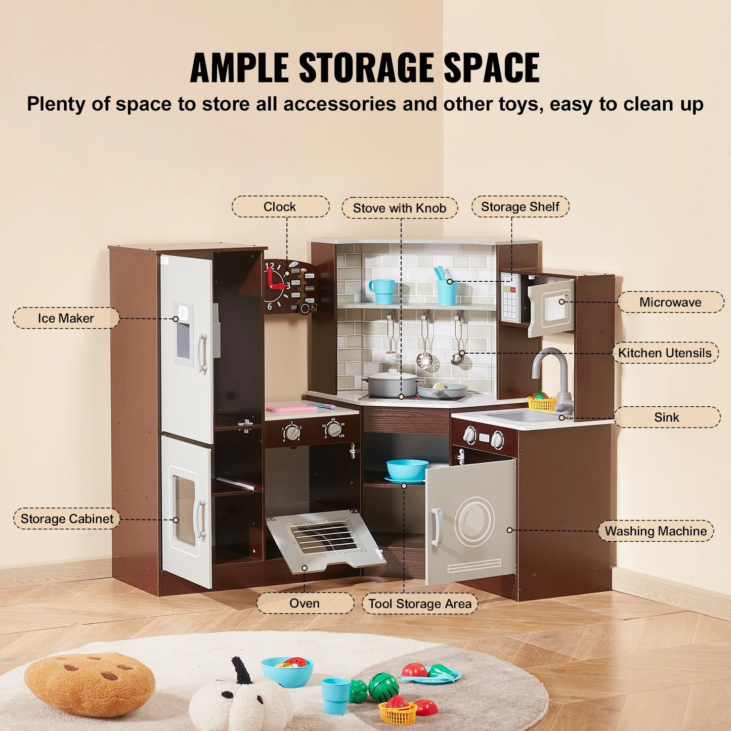 Speelkeuken - Speelgoedkeuken - Keukenset - met Ijsmachine - voor 3-6 jaar - Peuters - Solide Structuur - Oneindige Verbeelding - Educatieve Waarde - Leuke Interactie - Hout - 110 x 80 x 91 cm - Koffie