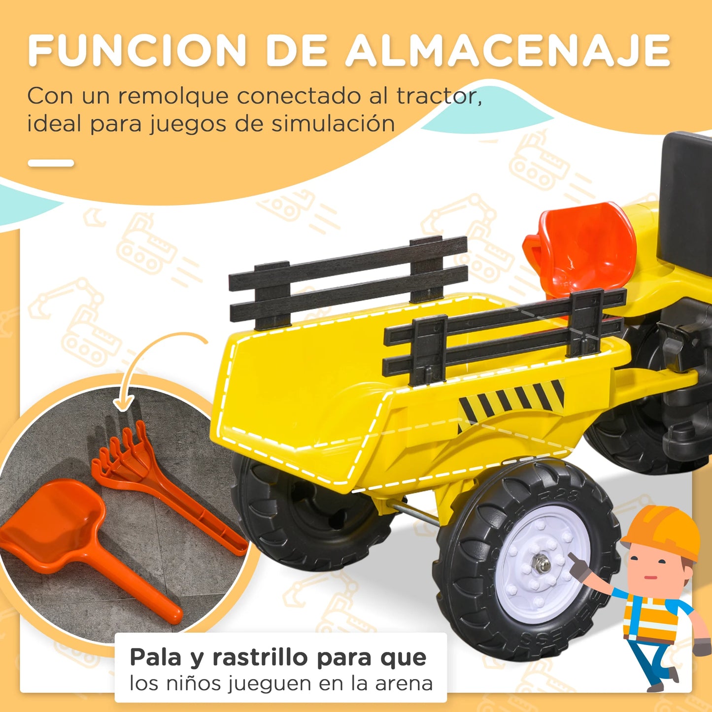 Homcom Pedal Tractor for Children 3 Years Old with Trailer Pedal Car Riding Toy Load 35 kg 133X42X51 cm Yellow