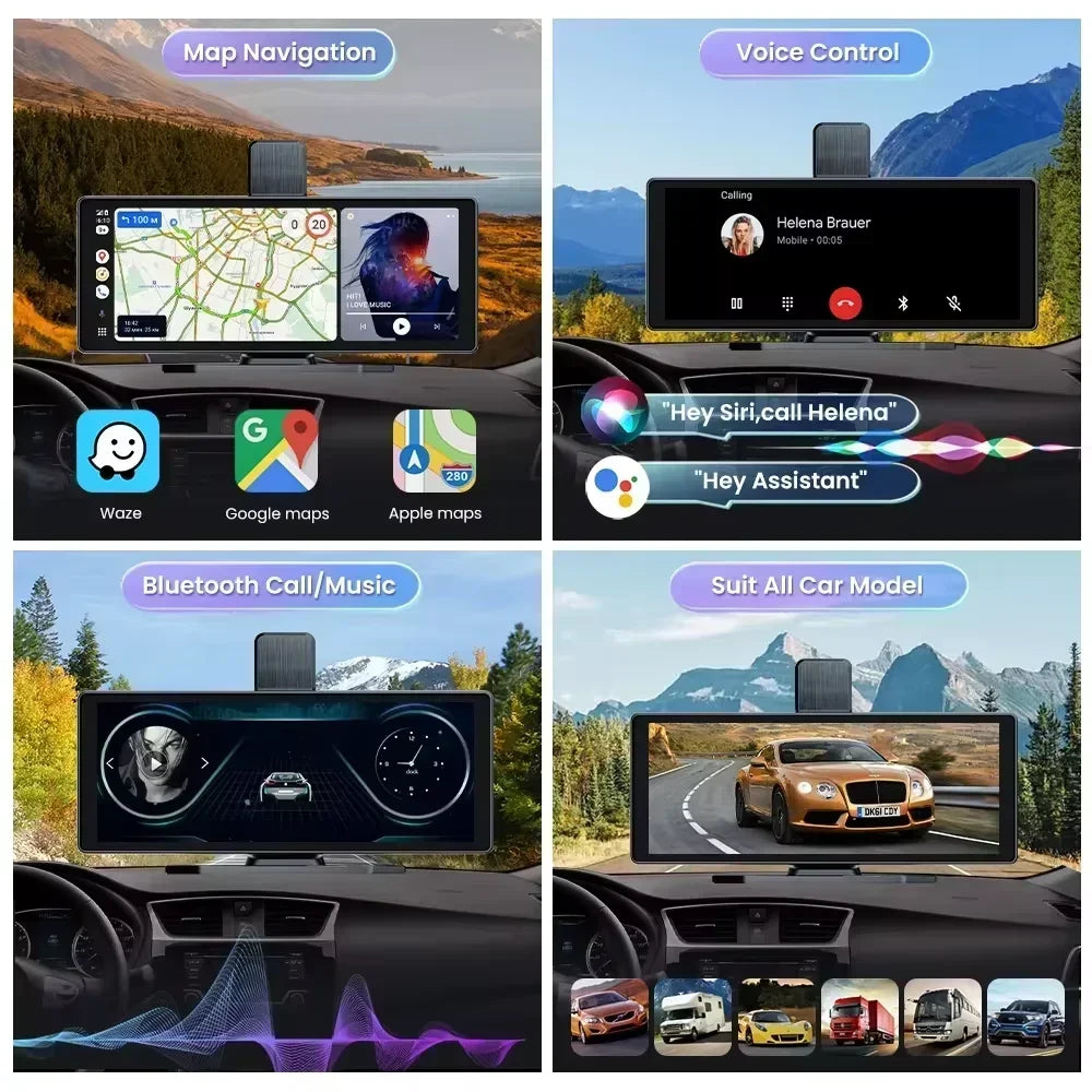 Dashcam voor Auto - 10.26” 4K Dashcam – CarPlay & Android Auto – 350° Rotatie – 6M AHD Achtercamera – Nachtzicht & Rijassistentie - Zwart