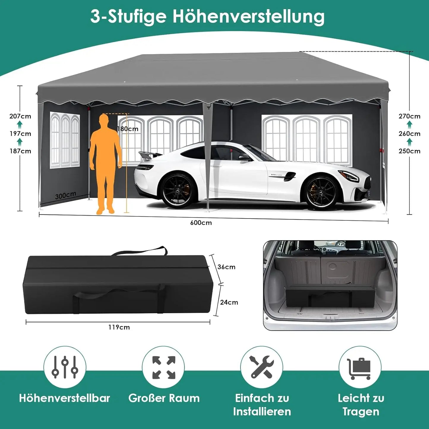 Partytent – Pop-Up Tuinfeesttent – Tuinoverkapping – Schaduwtent – Markttent – Waterdicht 420D Oxford – Verstelbare Hoogte - 3x6m - Grijs