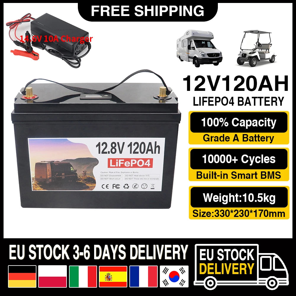 Batterij - Solar batterijen - Powerstation - Zonne opslag - Lithium IJzer Fosfaat Batterij - Opslag - 12V - 120AH - LiFePO4 Batterij met Ingebouwde BMS voor RV, Campers, Golfkarren en Zonne-opslag