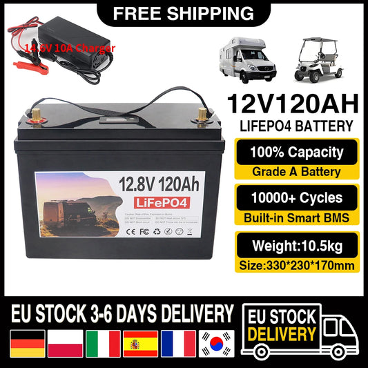 Batterij - Solar batterijen - Powerstation - Zonne opslag - Lithium IJzer Fosfaat Batterij - Opslag - 12V - 120AH - LiFePO4 Batterij met Ingebouwde BMS voor RV, Campers, Golfkarren en Zonne-opslag