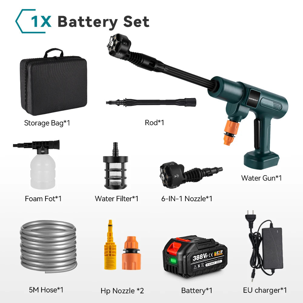Draadloze Hogedrukreiniger - 200 Bar - 3500W Brushless Motor - Draagbare Ontwerp - 6-in-1 Spuitmond - Voor Auto - Tuin en Terras - Gebruiksvriendelijk - 1 Accu's met 1 Lader