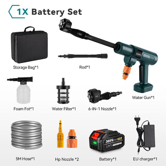 Draadloze Hogedrukreiniger - 200 Bar - 3500W Brushless Motor - Draagbare Ontwerp - 6-in-1 Spuitmond - Voor Auto - Tuin en Terras - Gebruiksvriendelijk - 1 Accu's met 1 Lader